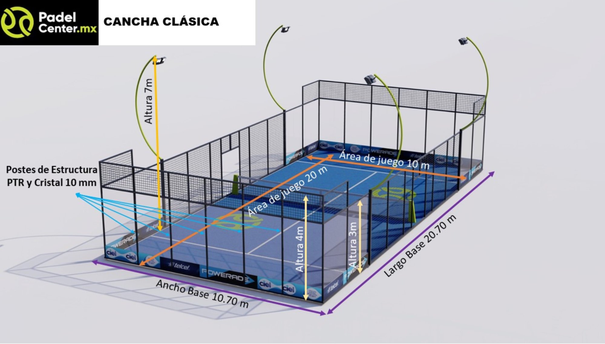 Cancha de pádel clásica PadelCenter con medidas — postes de estructura PTR y cristal 10mm