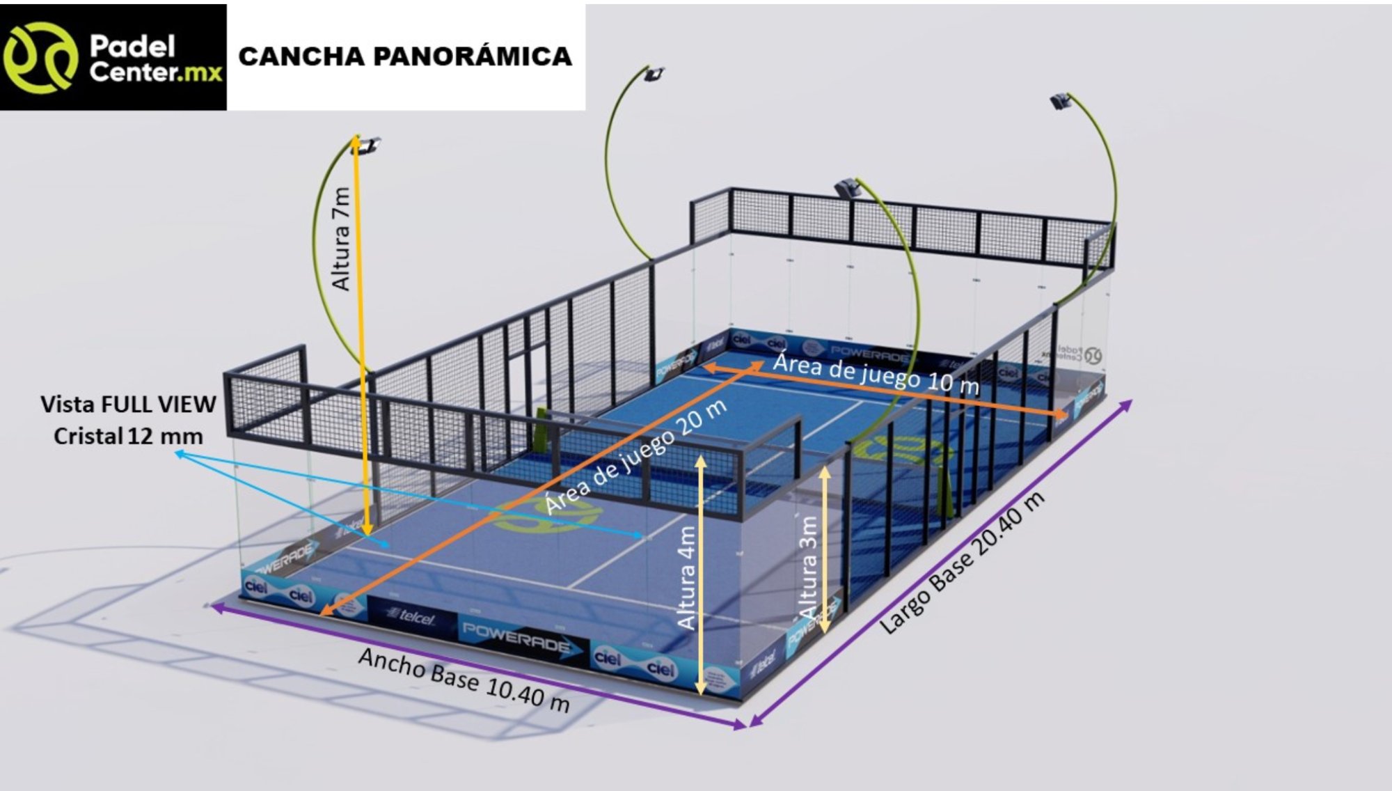 Cancha de pádel panorámica PadelCenter con medidas — vista full view cristal 12mm