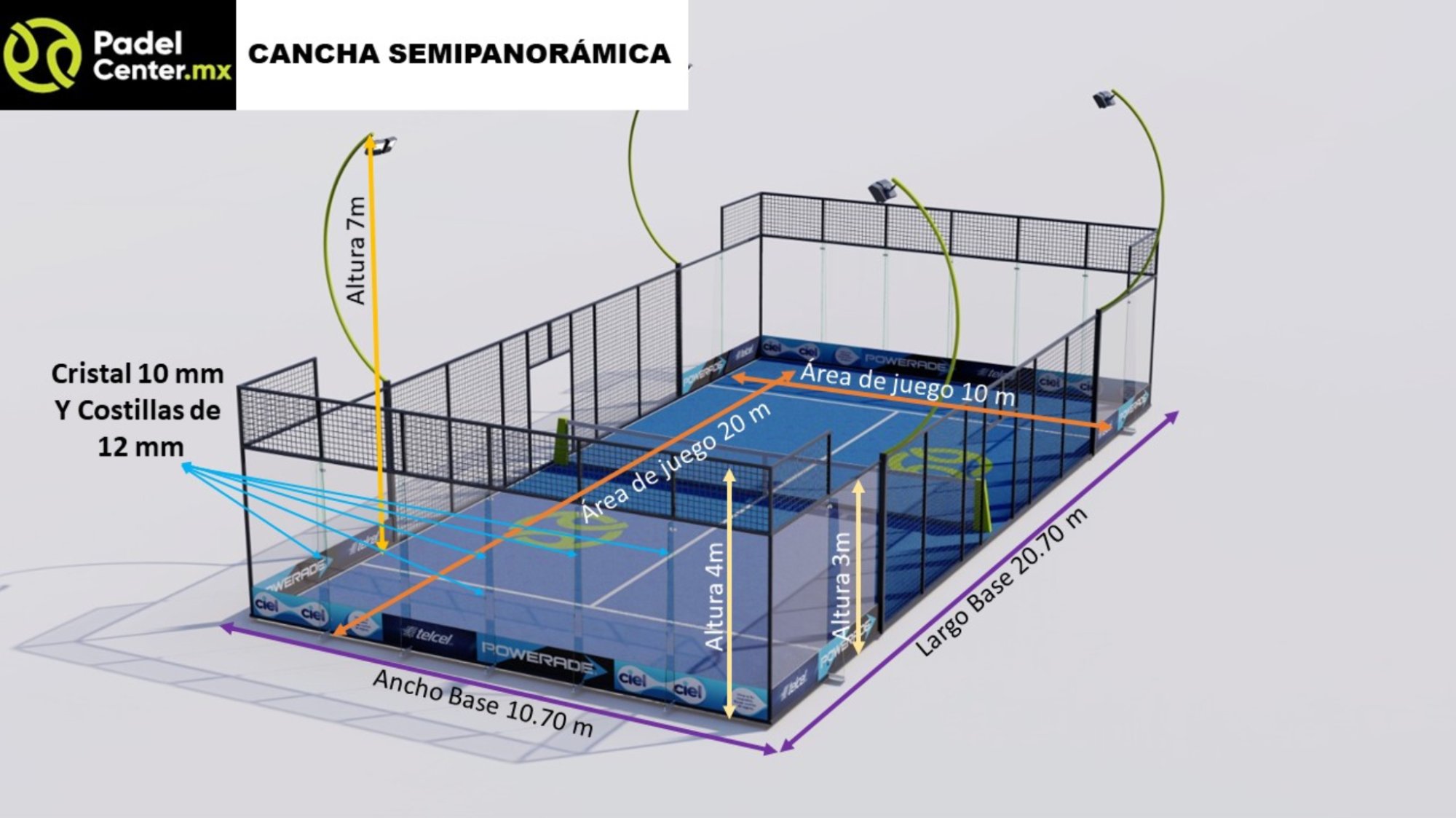 Cancha de pádel semipanorámica PadelCenter con medidas — cristal 10mm y costillas de 12mm