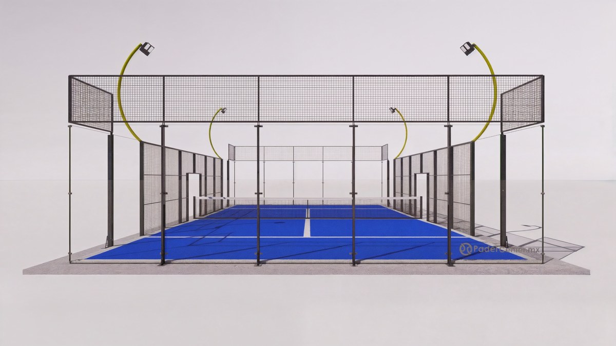 Cancha de pádel clásica con postes metálicos, pasto sintético y cristal templado 10 mm