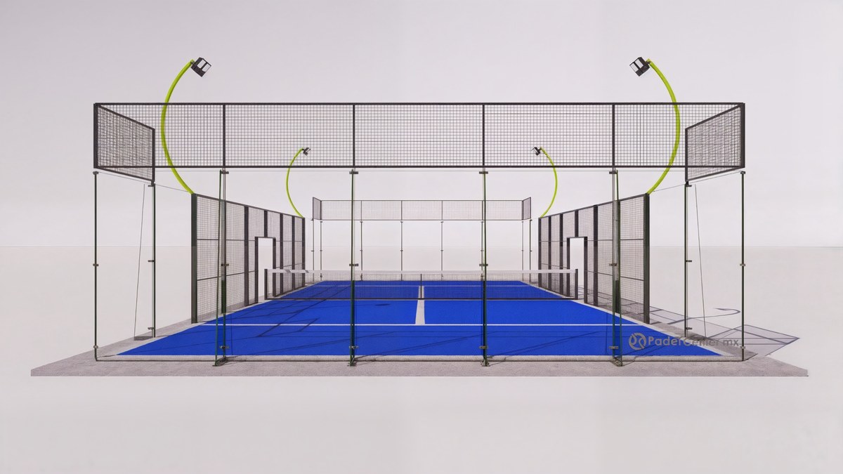 Cancha de pádel semipanorámica con costilla de cristal templado 12 mm y visibilidad mejorada para clubes