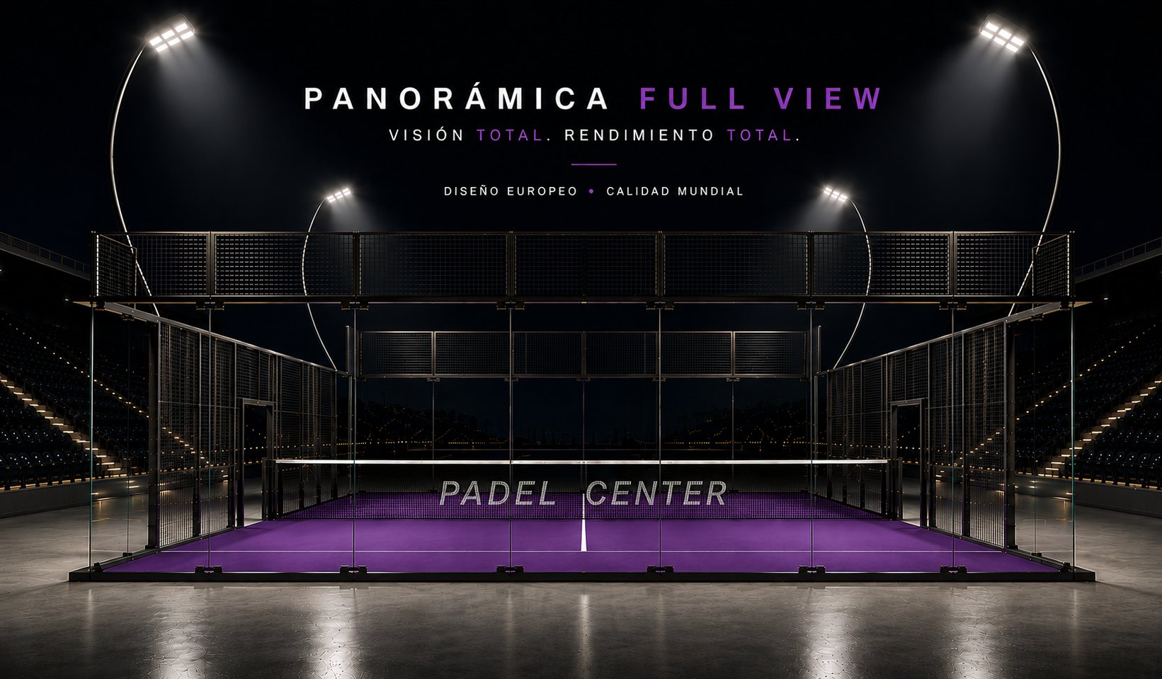 Cancha de pádel panorámica Full View en color morado — identidad sofisticada para clubes y hoteles