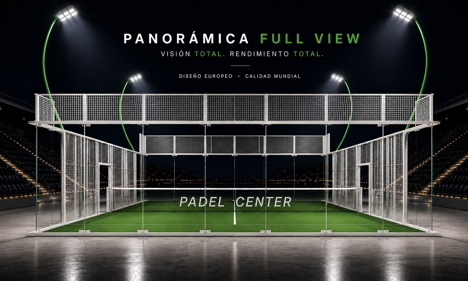 Cancha de pádel panorámica Full View en color verde con estructura blanca — estilo Wimbledon, frescura europea premium
