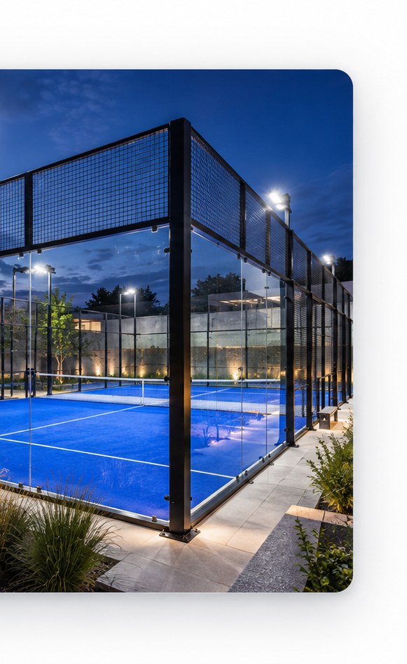 Cuánto cuesta una cancha de padel — cancha nocturna con iluminación LED y cristales templados por Padel Center